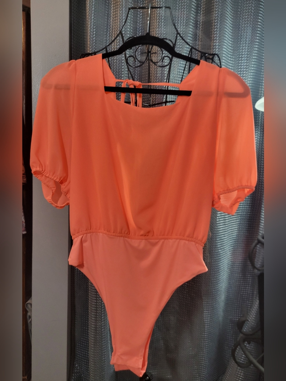 Coral Puff-Sleeve One-Piece Bodysuit with Back Tie